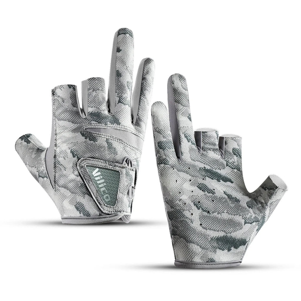 Exposed three-finger polyester fishing gloves in black or grey, sizes M and L, with non-slip function