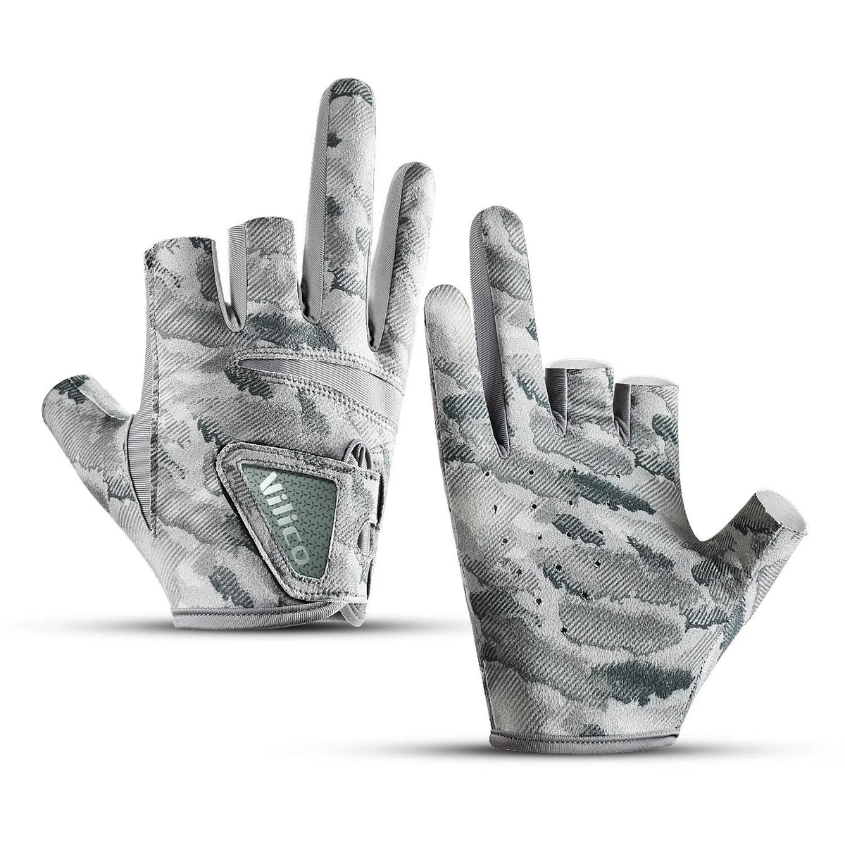 Exposed three-finger polyester fishing gloves in black or grey, sizes M and L, with non-slip function