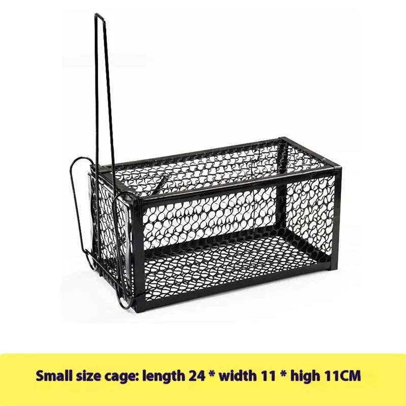 Automatic metal and plastic mouse cage trap in small, medium, and large sizes for indoor use.