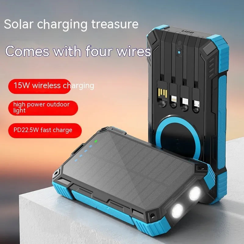 Industrial style 20000mAh power bank with solar charging unit and LED flashlight, black