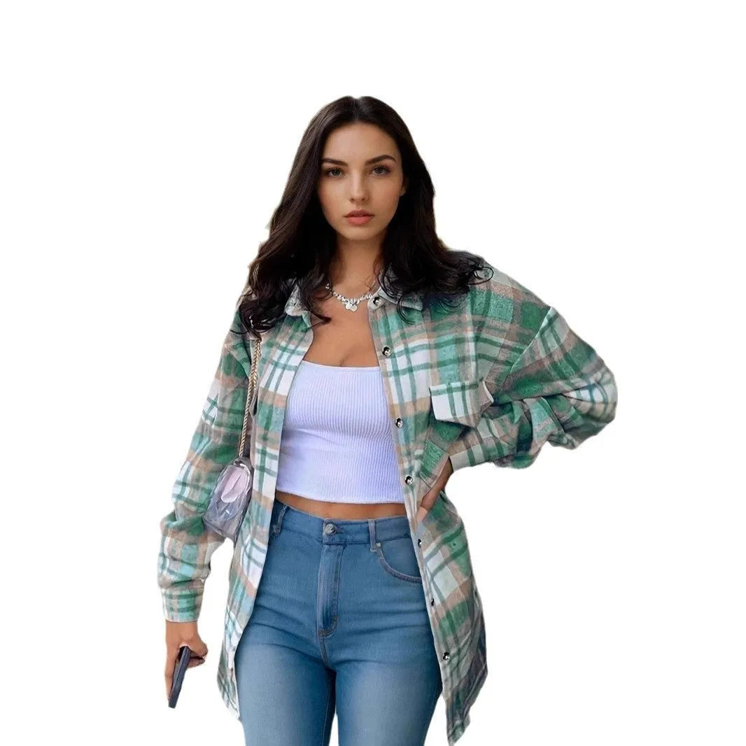 Women's lapel plaid pocket long sleeve shirt jacket in blue, polyester, casual cardigan style