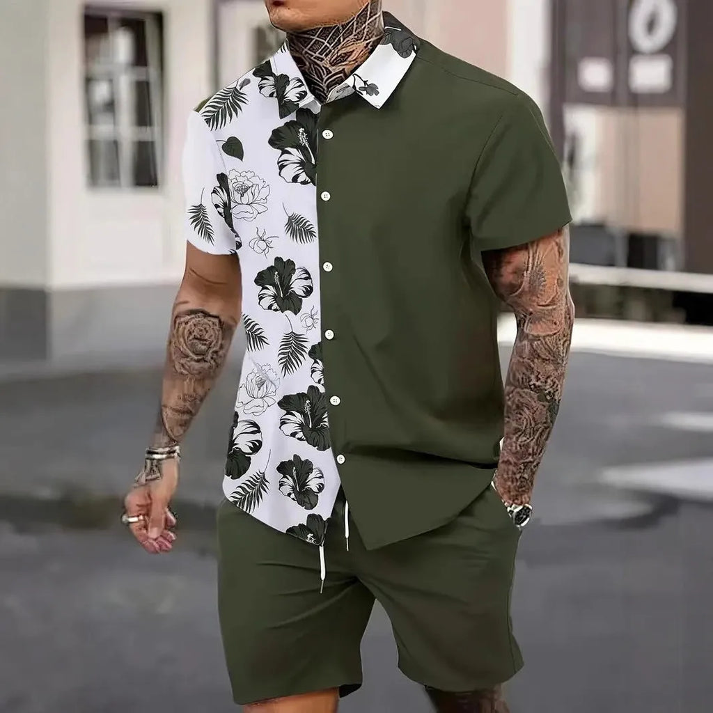 Man wearing a blue Hawaii-themed 3D printed short sleeve shirt and matching shorts.