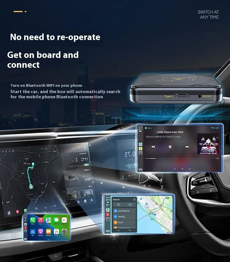 Gold and white wireless CarPlay and Android Auto USB adapter box for cars on a dark surface.