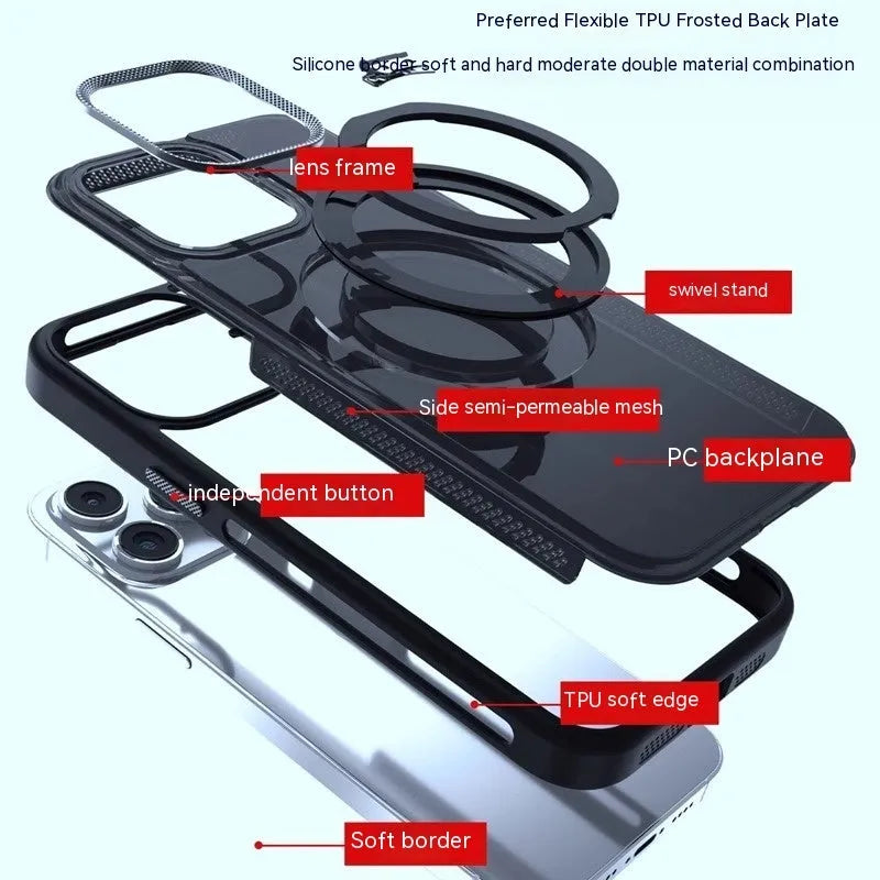 Rotating bracket magnetic suction silicone phone case for iPhone in deep space black colour.