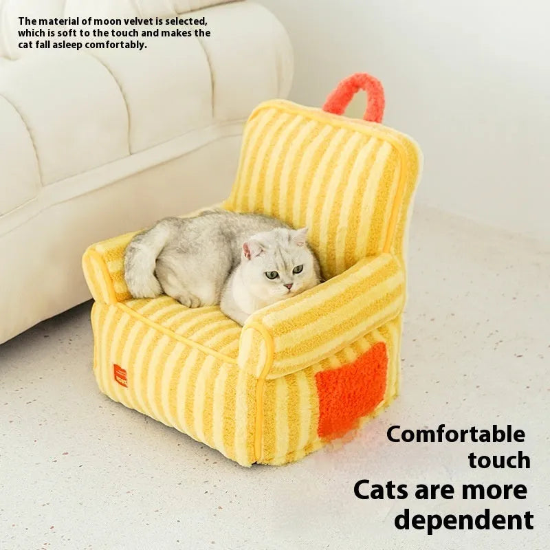 Striped orange plush fabric pet bed with a removable cover, shown in a home setting.