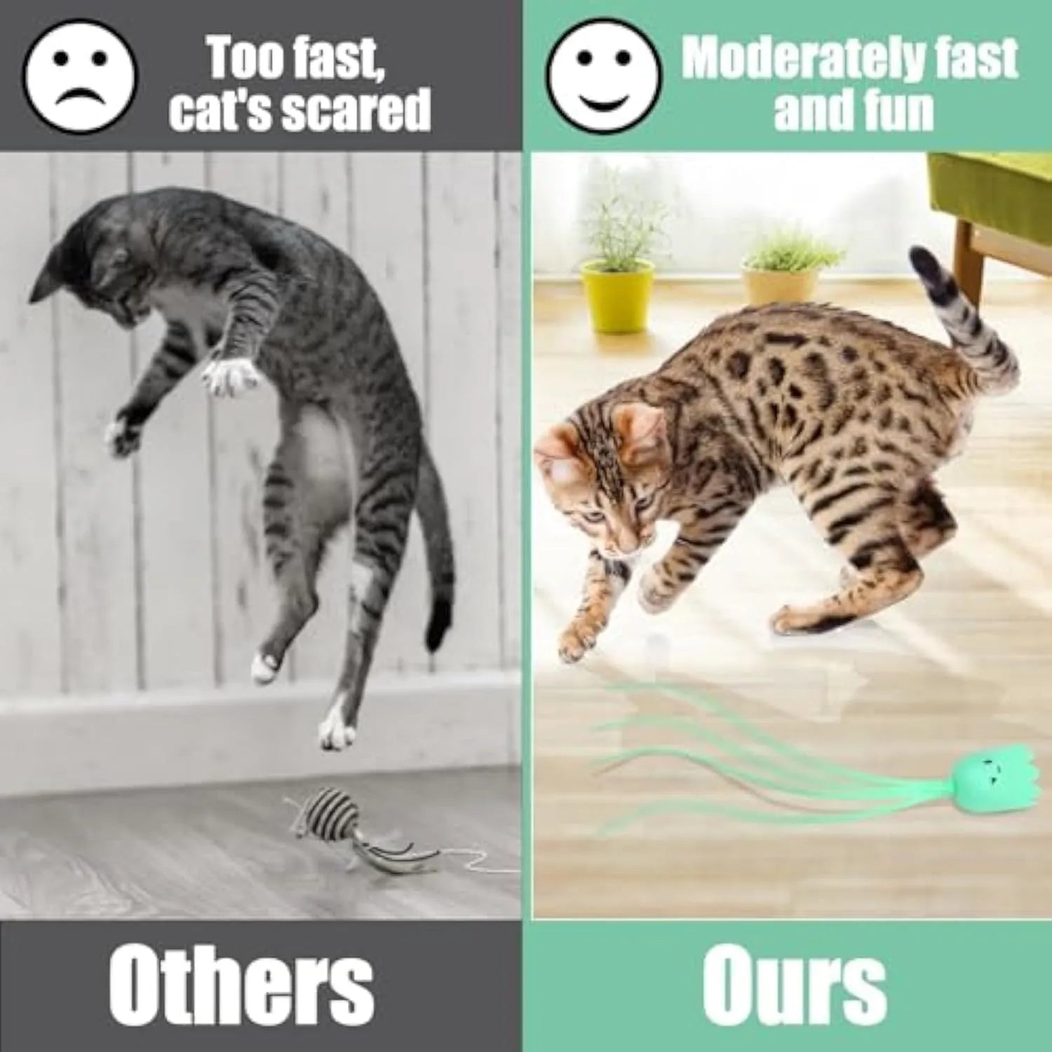 Green automatic cat toy with swinging silicone tails on 38cm wand for indoor feline play