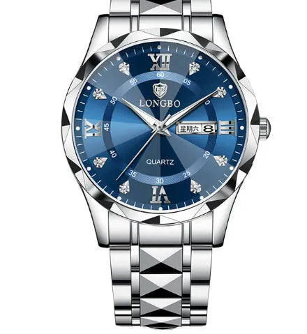 Men's waterproof luminous dual calendar watch with black face silver nail, mineral glass, stainless steel butterfly clasp