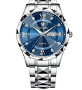 Men's waterproof luminous dual calendar watch with black face silver nail, mineral glass, stainless steel butterfly clasp