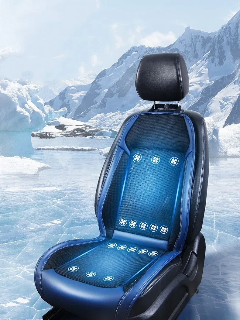 Black car seat cooling pad with minimalist design and USB power cable for 12V/24V systems.