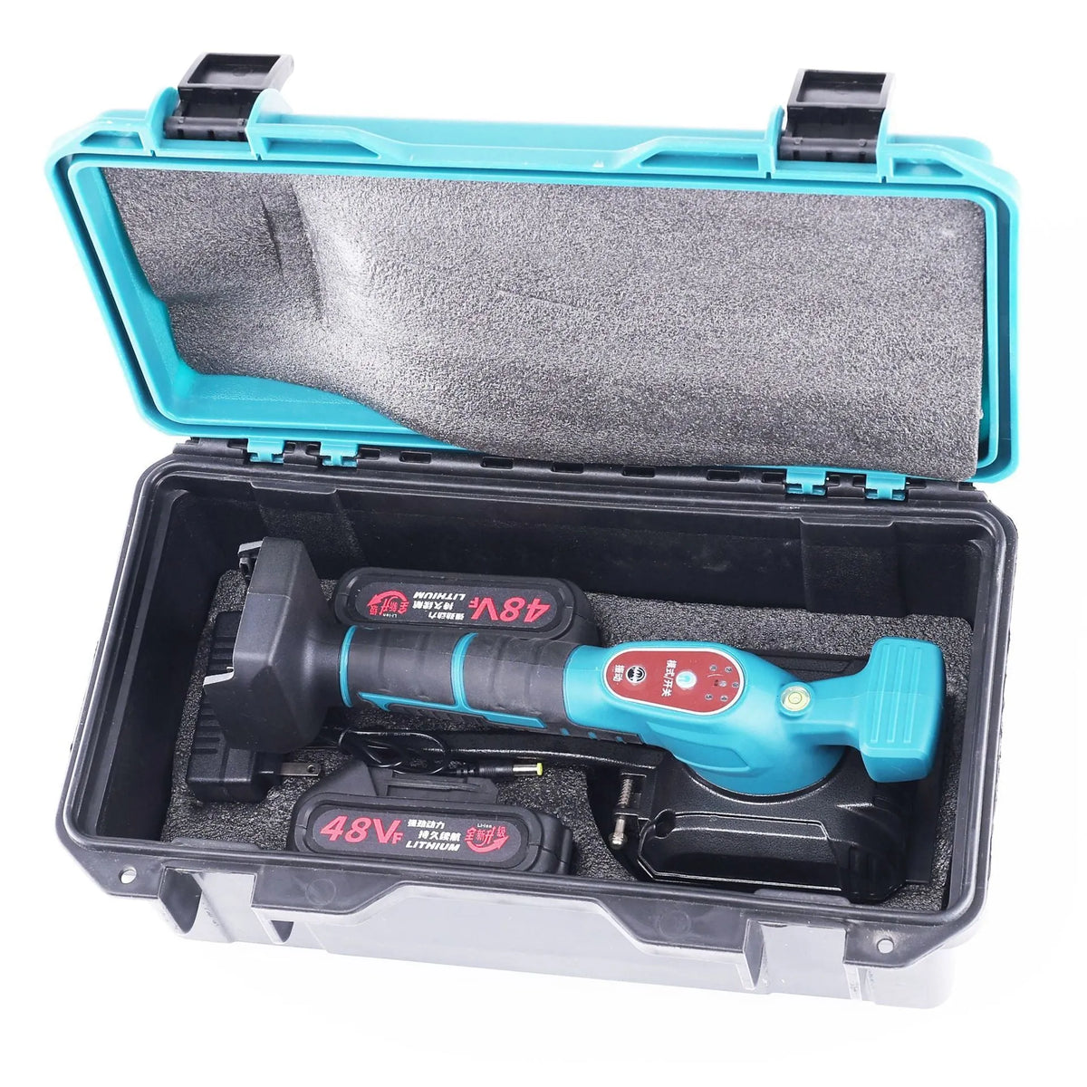 Household electric ceramic tile tiling machine with lithium battery and two batteries on work surface