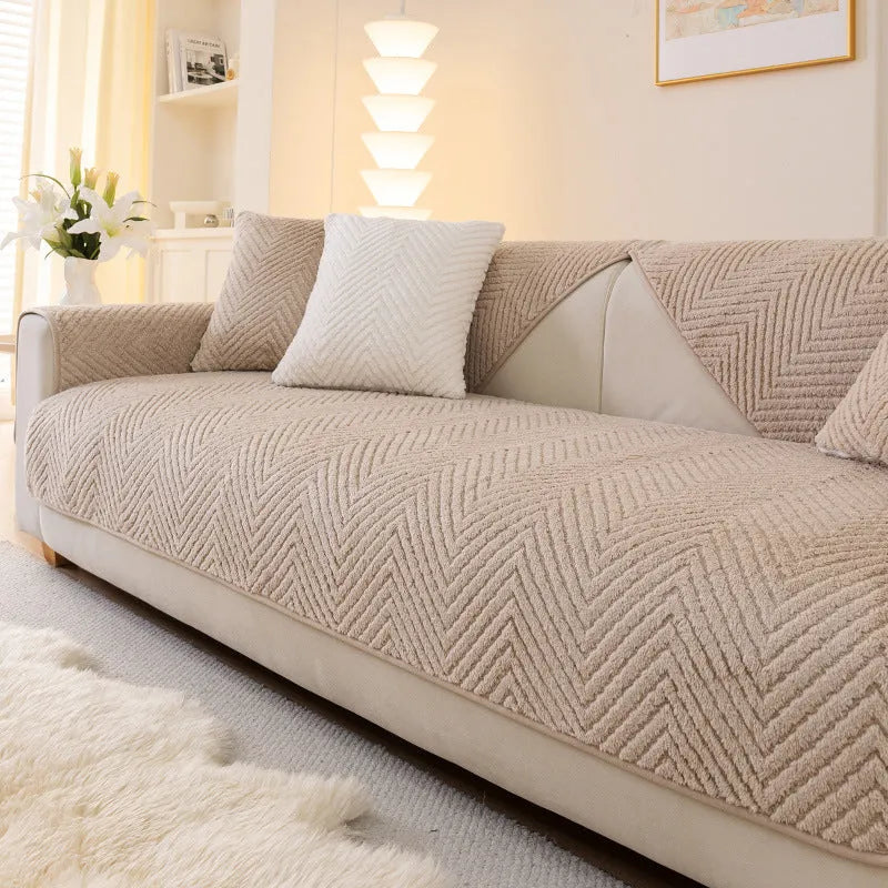 Solid colour plush sofa cover cloth in white, khaki, light grey or dark grey, with multiple sizes from 70x70cm to 110x240cm