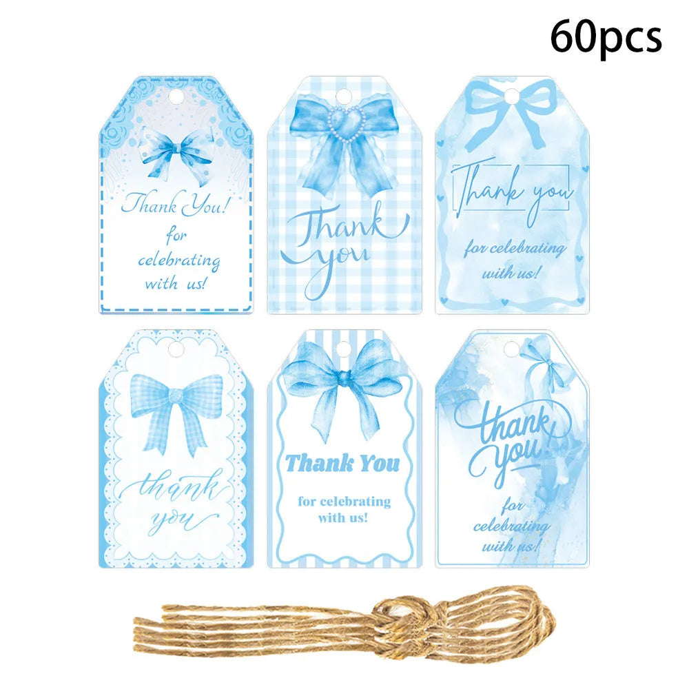 Three styles of bowknot-themed paper gift tags with natural hemp rope for birthday parties
