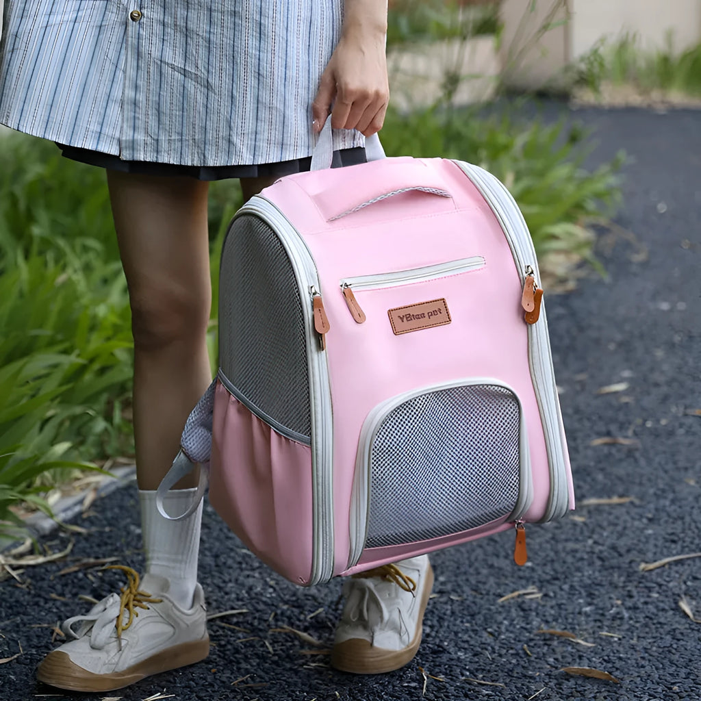 Four Sides Breathable Pet Bag foldable Oxford cloth portable pet carrier in beige with cartoon pattern