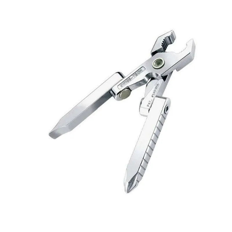 Silver multifunctional mini pliers in 420 stainless steel, closed length 47mm, expanded 82mm, on a plain background.