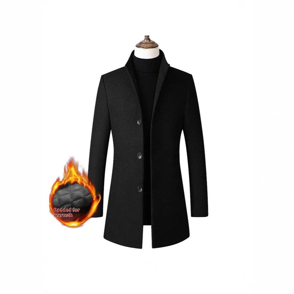 Men's single-breasted stand collar wool blend padded winter coat in solid colour, side seam pockets, S to 3XL sizes