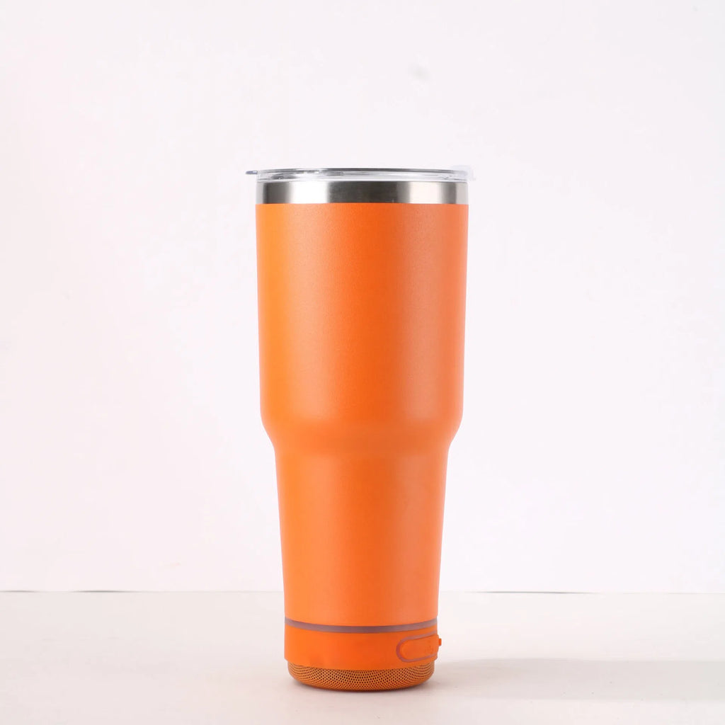 30oz Bluetooth Audio Cup in pink with 304 stainless steel insulation, showing speaker and drink opening