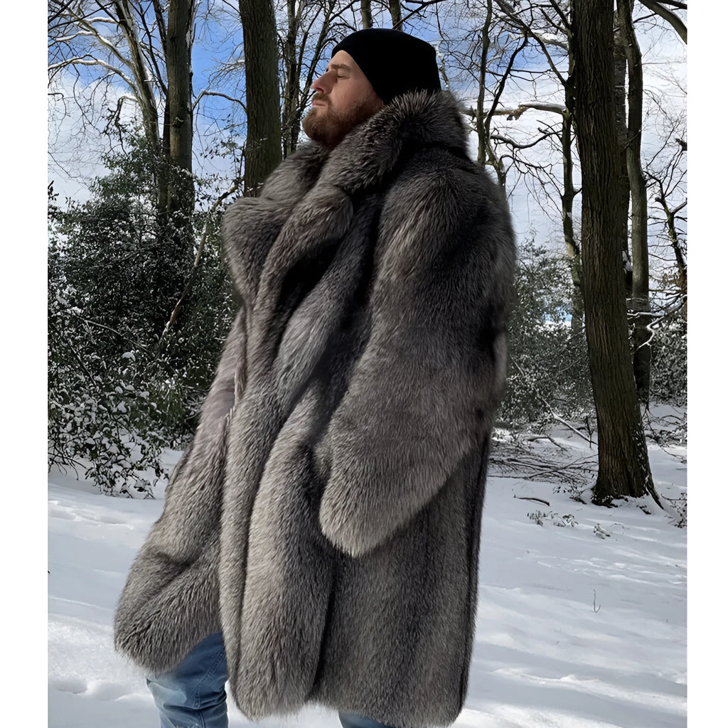 Men's long-cut faux fox fur coat in dark gray, 80cm length, side seam pockets, loose street fashion style