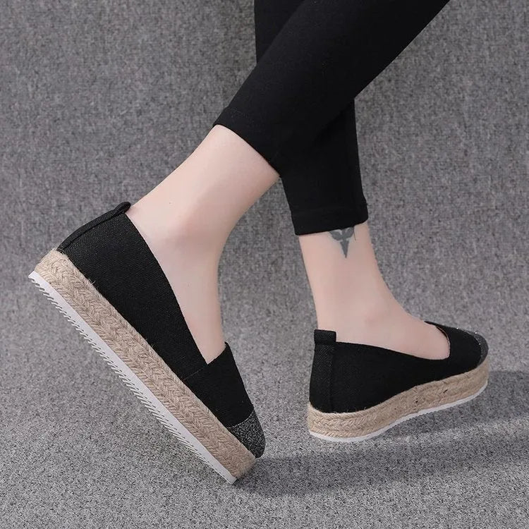 Plus size black and beige canvas slip-on shoes with round toe and cloth upper