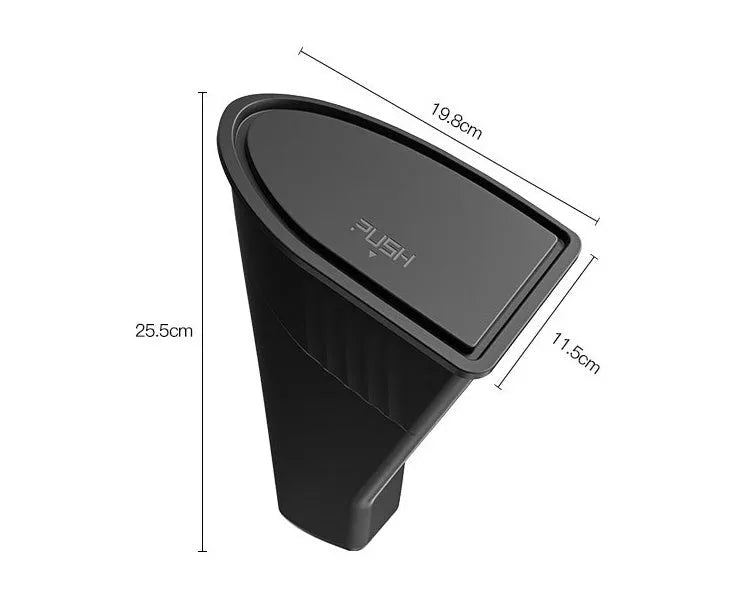 Two black plastic car trash cans designed for Tesla Model Y door pockets.