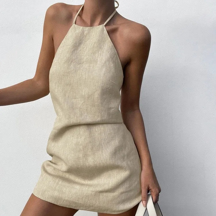 Solid colour women's linen summer dress with A-line skirt in sizes S, M, L
