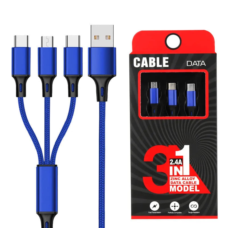 3-in-1 charging cable with TPE and nylon braid, 1.2 metre length, multiple colour options