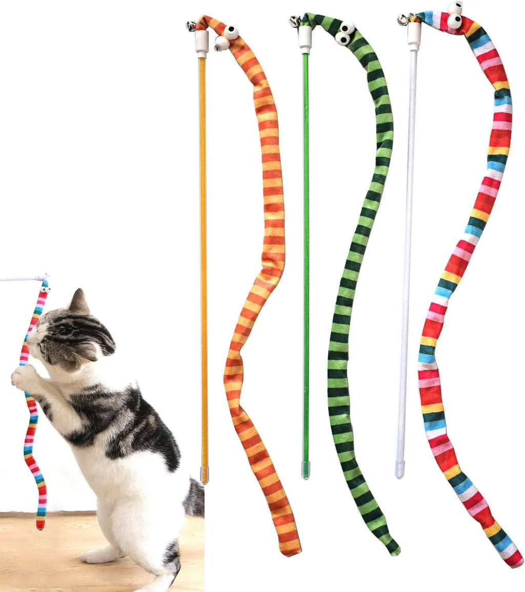 Cat wand toy with polycarbonate pole and long plush strip in vibrant colours
