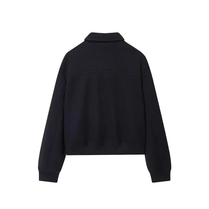 Women's navy blue PU turn-down collar coat with zipper front and long sleeves, casual medium-thickness jacket