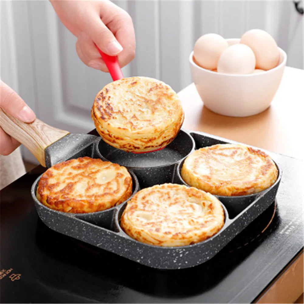 Four-hole non-stick frying pan with bakelite handle for making eggs and burgers