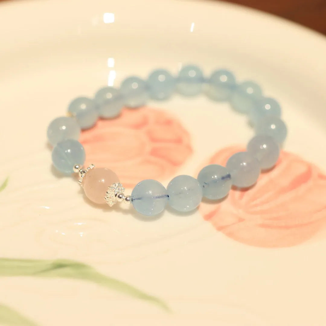 Aquamarine Chinese Fengjiu style bracelet with fox design and pink crystal accents for women