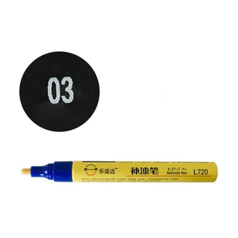Car paint touch up pen in black with brush tip for scratch repair on a car body panel