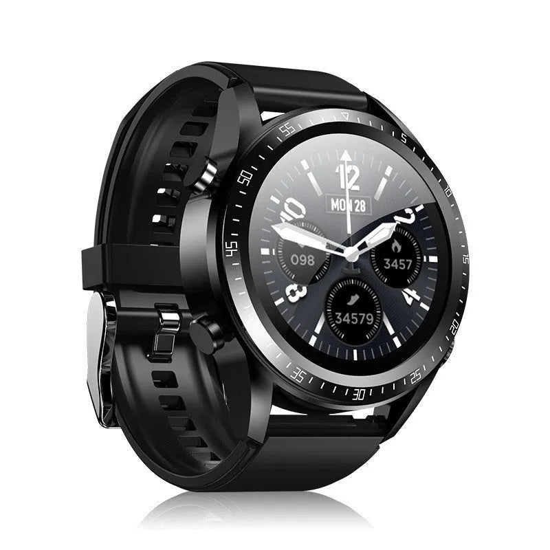 Black smartwatch with health monitoring on a silicone strap, showing a blood pressure readout on its screen.