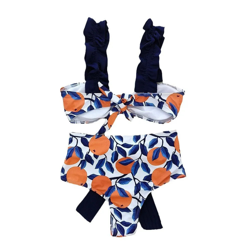 Women's blue leaf orange floral print high waist bikini swimsuit with briefs styling