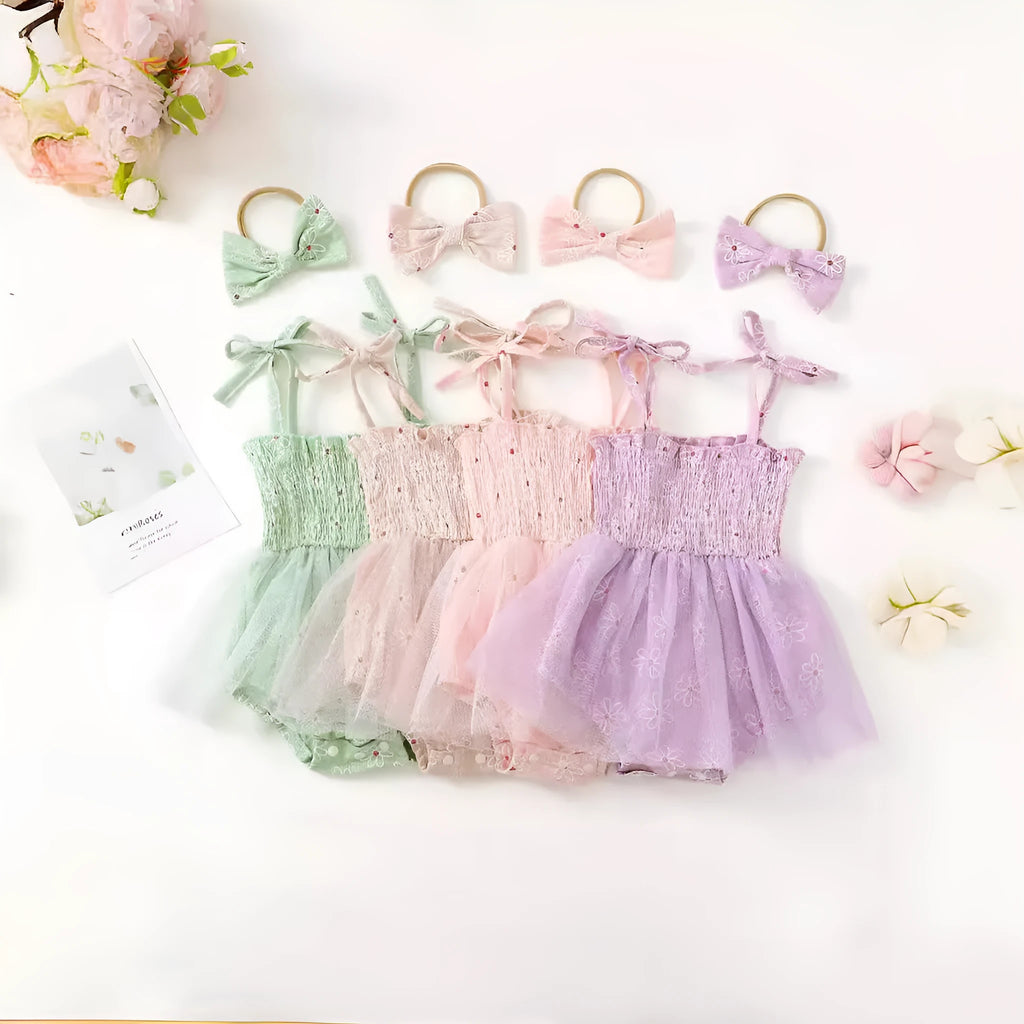 Baby girl mesh camisole princess dress with bowknot headwear in creamy-white
