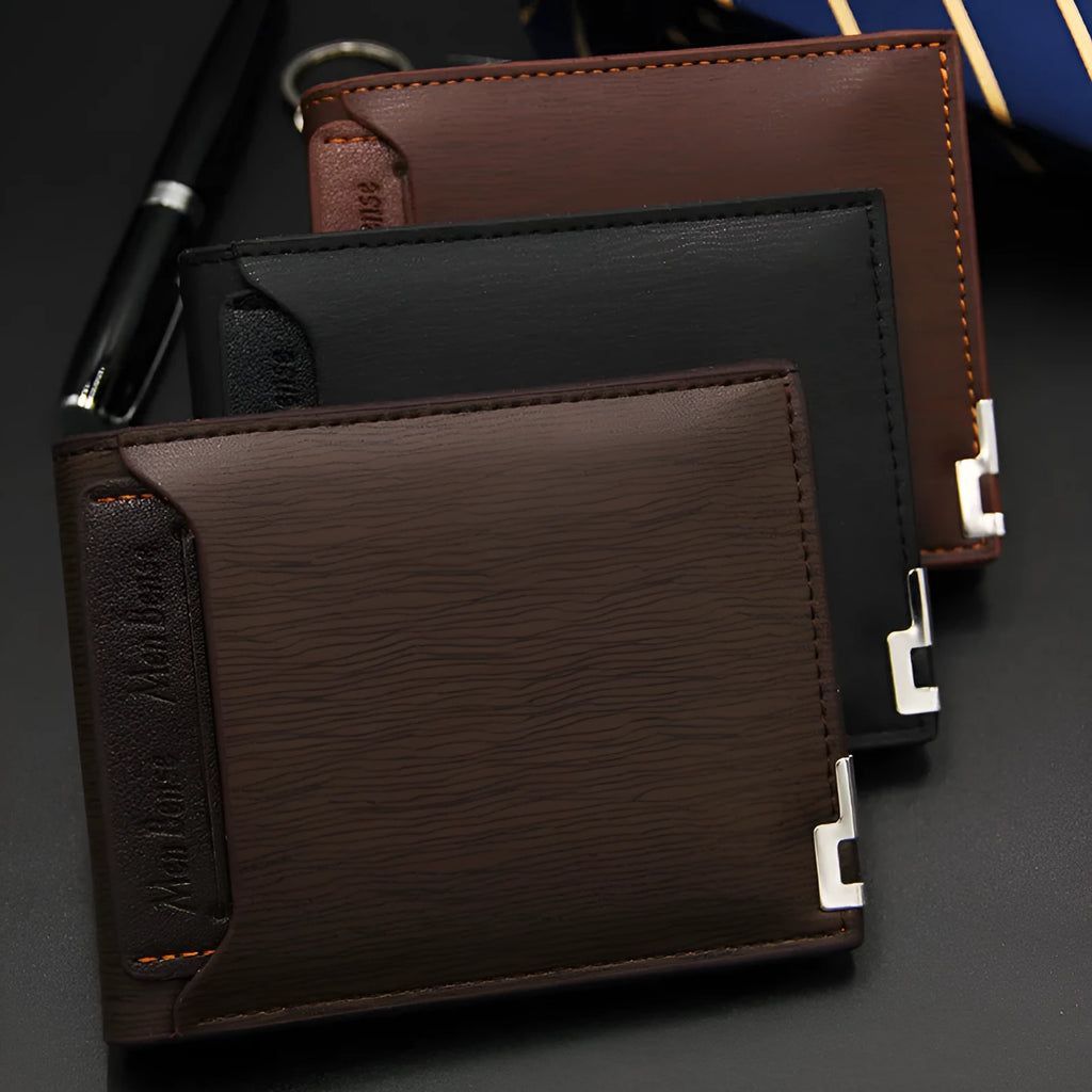 Men's black PU leather short wallet showing iron-edge card-picking design
