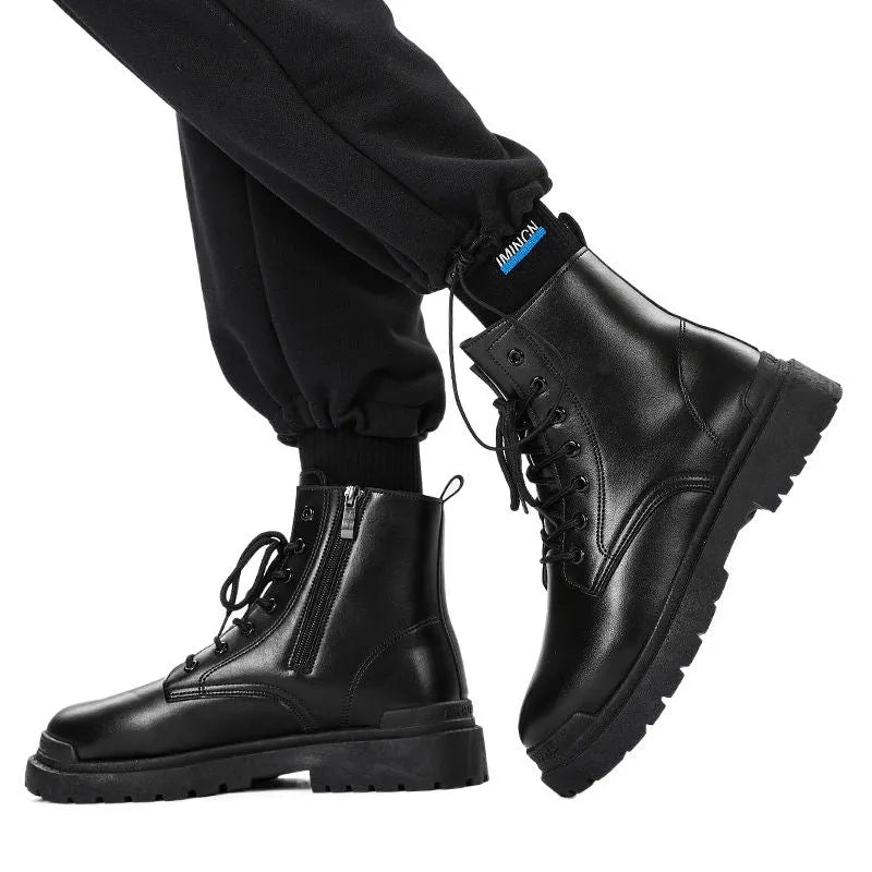 Men's black and brown waterproof mid-top boots with non-slip rubber soles