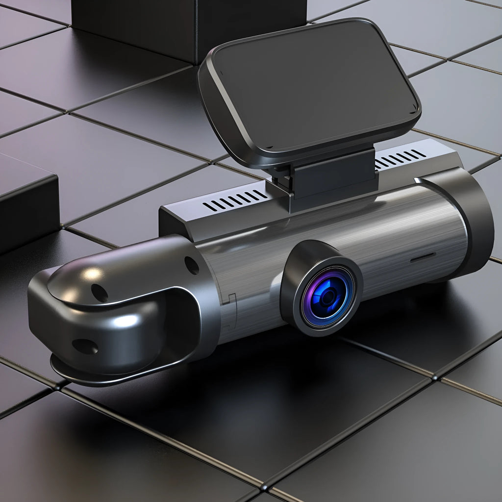 Black dual-lens car dash cam with a 3.5-inch LCD screen mounted on a windscreen.