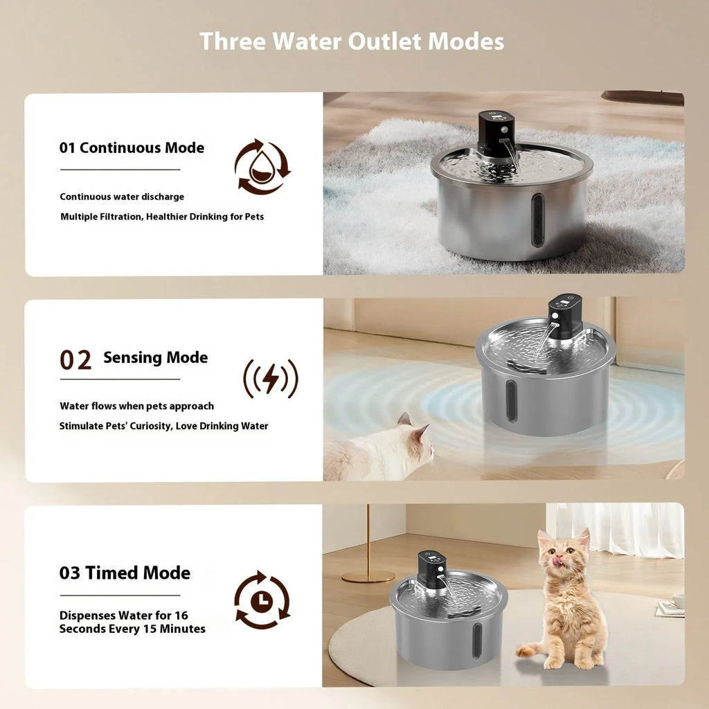 Stainless steel pet water fountain with digital temperature base in black or white.