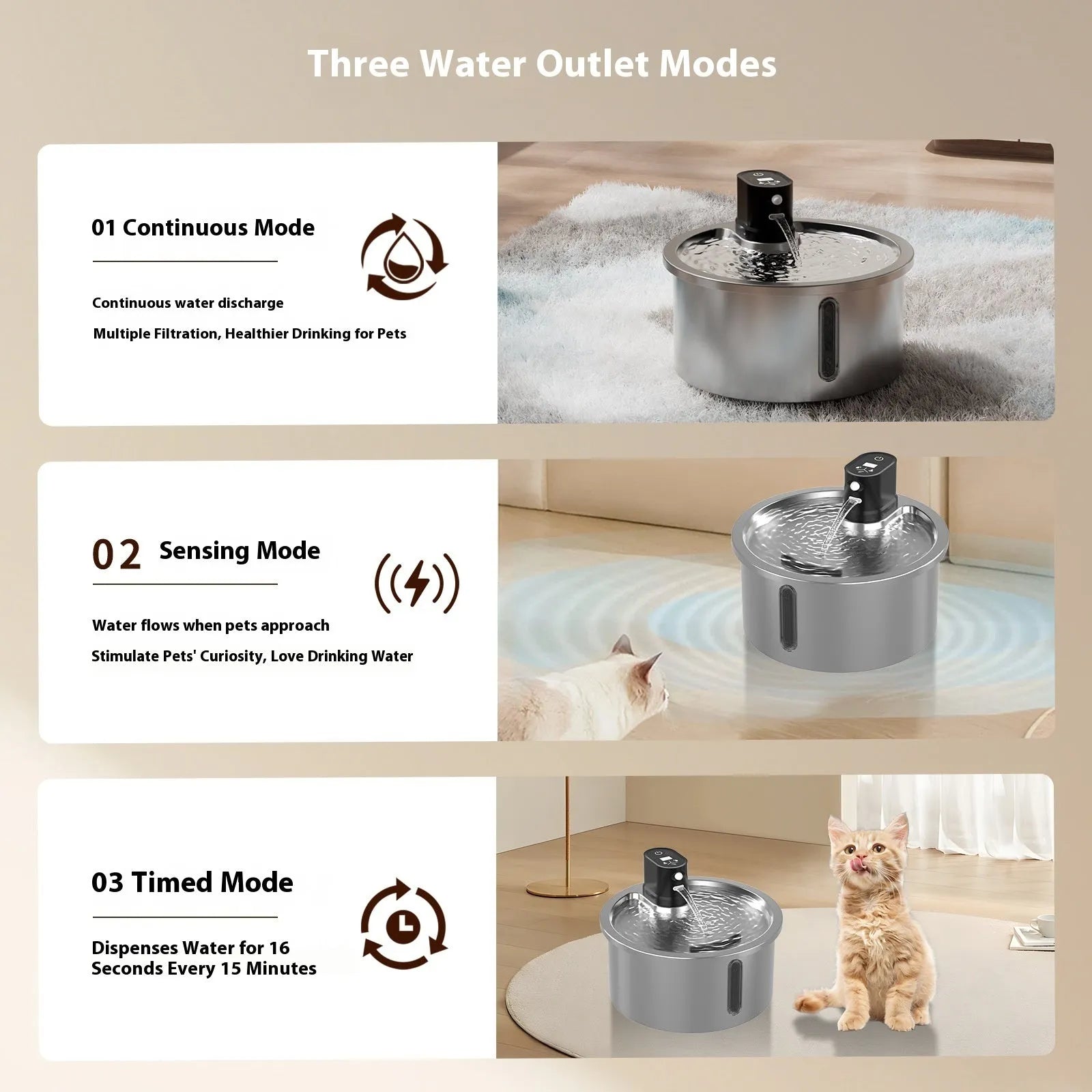 Stainless steel pet water fountain with digital temperature base in black or white.