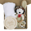 Baby teething toy set with bamboo blanket, wooden teether, bell, tyre brush and milestone for infant development