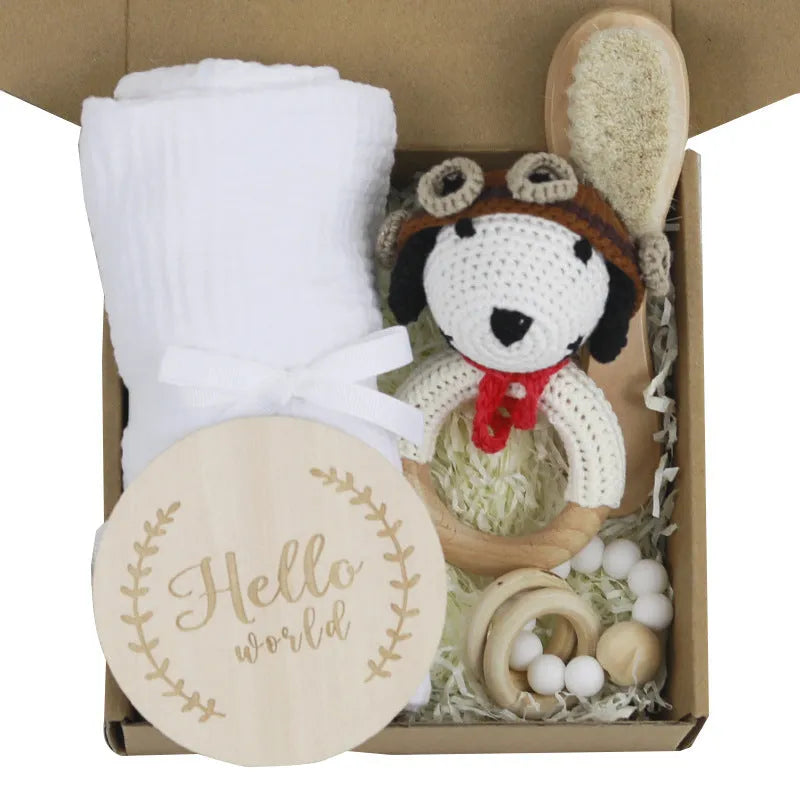 Baby teething toy set with bamboo blanket, wooden teether, bell, tyre brush and milestone for infant development