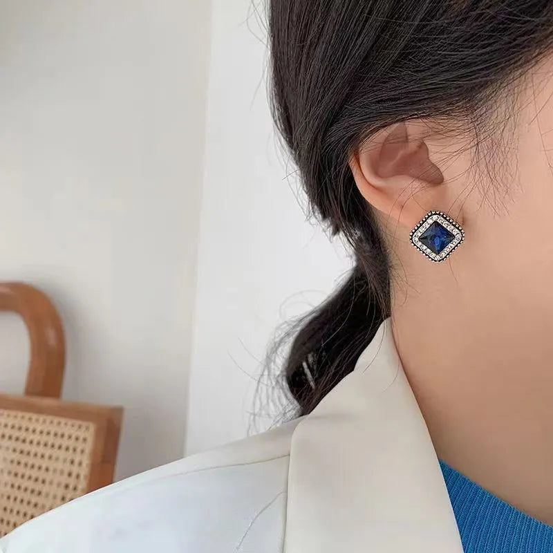 Blue square diamond inlay earrings for women, geometric zinc alloy design, sweet and cool style