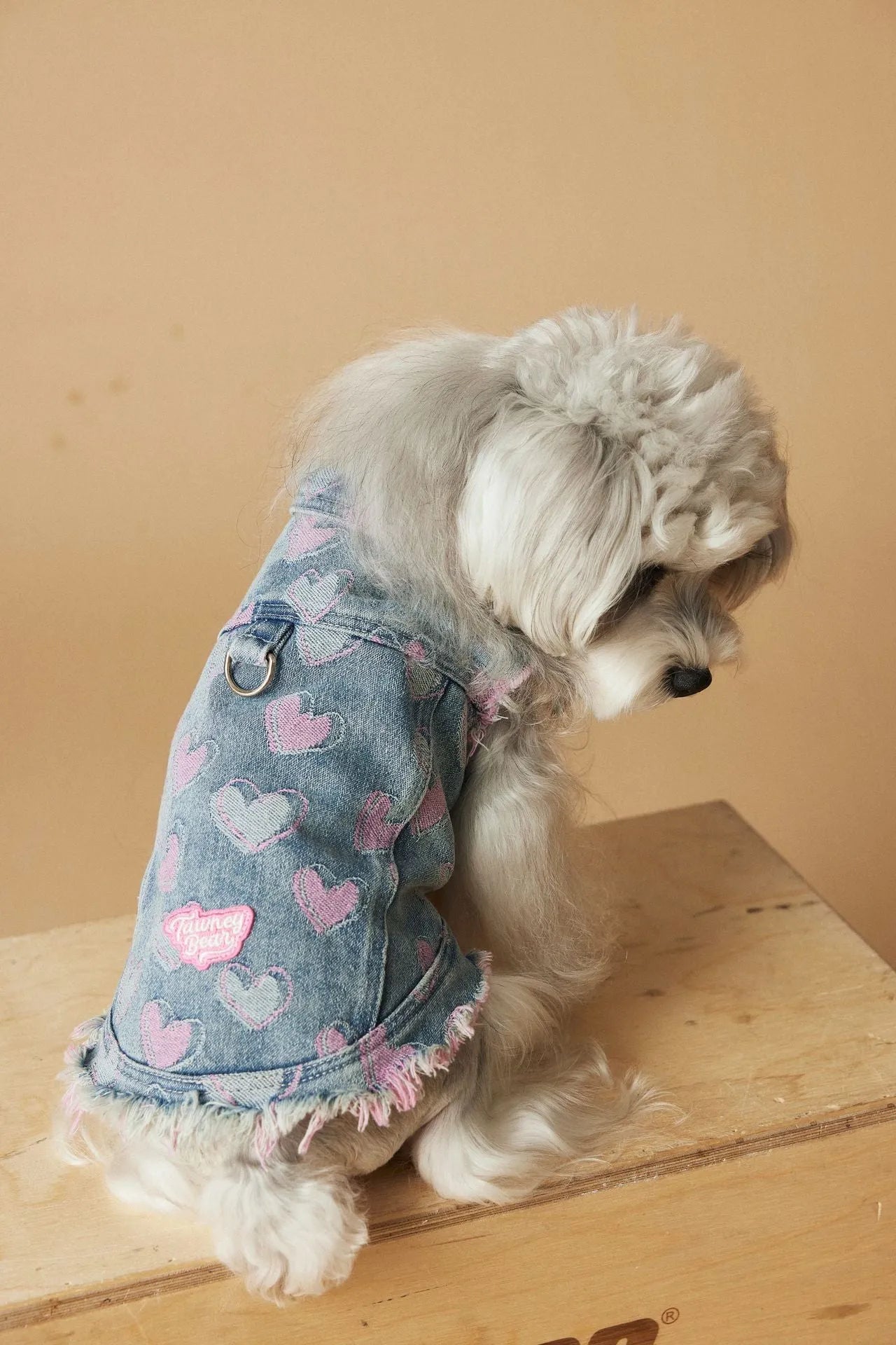 Denim sleeveless dog vest with distressed love design, casual style, available in multiple sizes from XS to XXL.