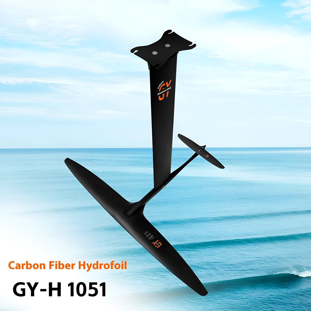 Black carbon fibre surfing hydrofoil with 1051mm front wing for racing applications