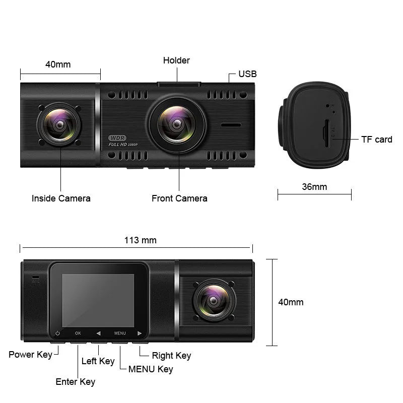 Standard black car dashcam with 1.5-inch screen for front and rear recording.
