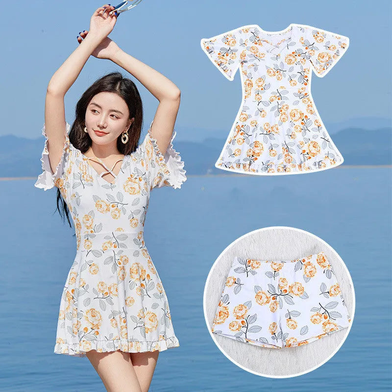 Women's high waist floral print one-piece swimsuit in blue or white pattern
