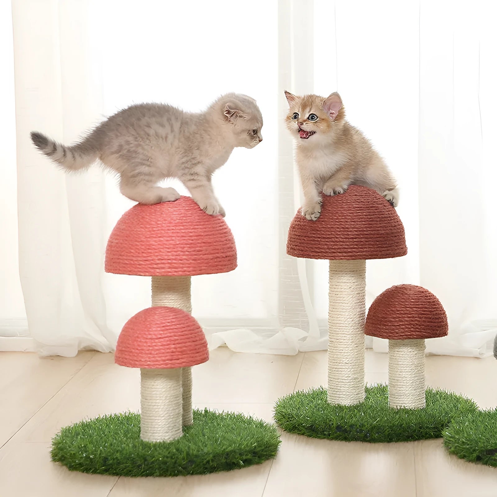 Natural linen mushroom cat scratch post in coffee colour with cotton rope and dangling ball