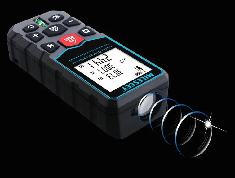 Handheld laser rangefinder 115x50x28mm in classic black showing digital display and button
