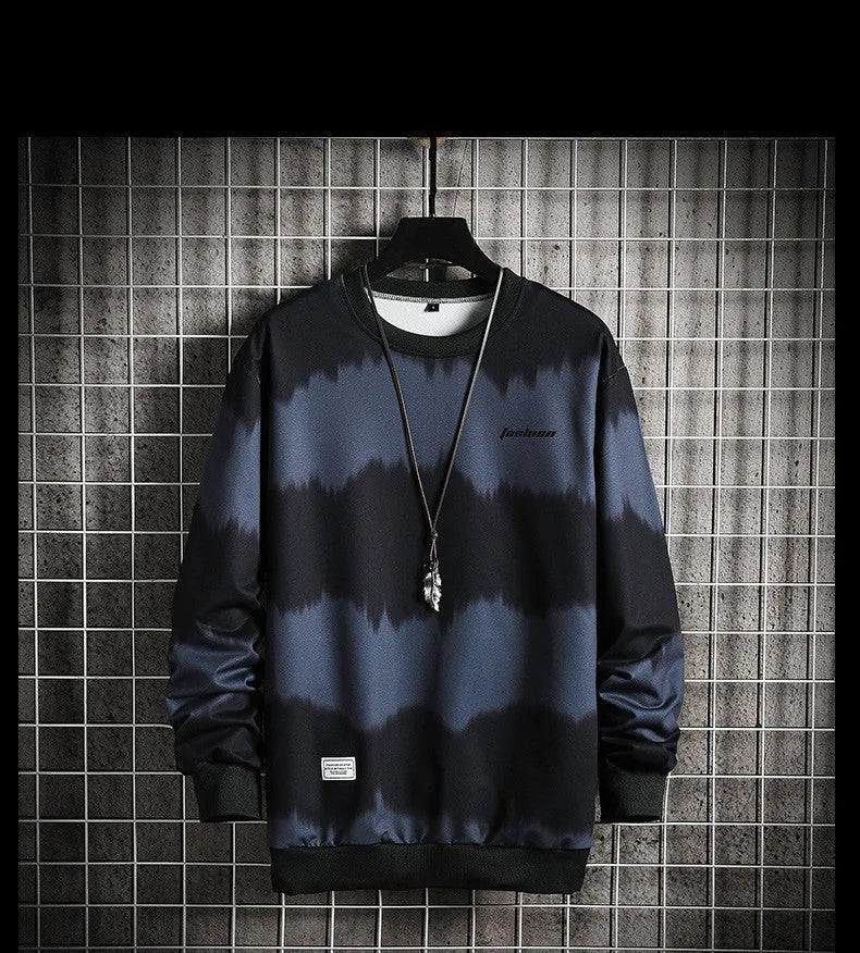 Two-tone tie-dye plus size loose fit men's cotton sweater in yellow, round neck long sleeve
