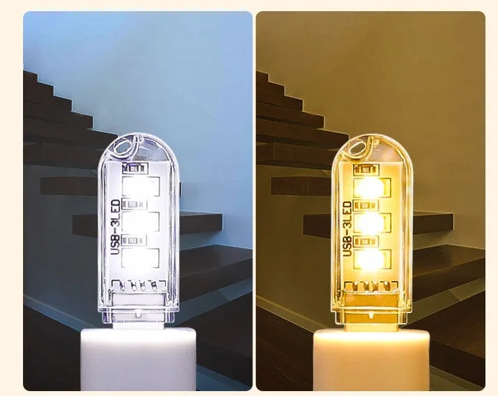 White and warm light USB rechargeable baby night light measuring 6cm by 1.8cm with LED eye protection technology