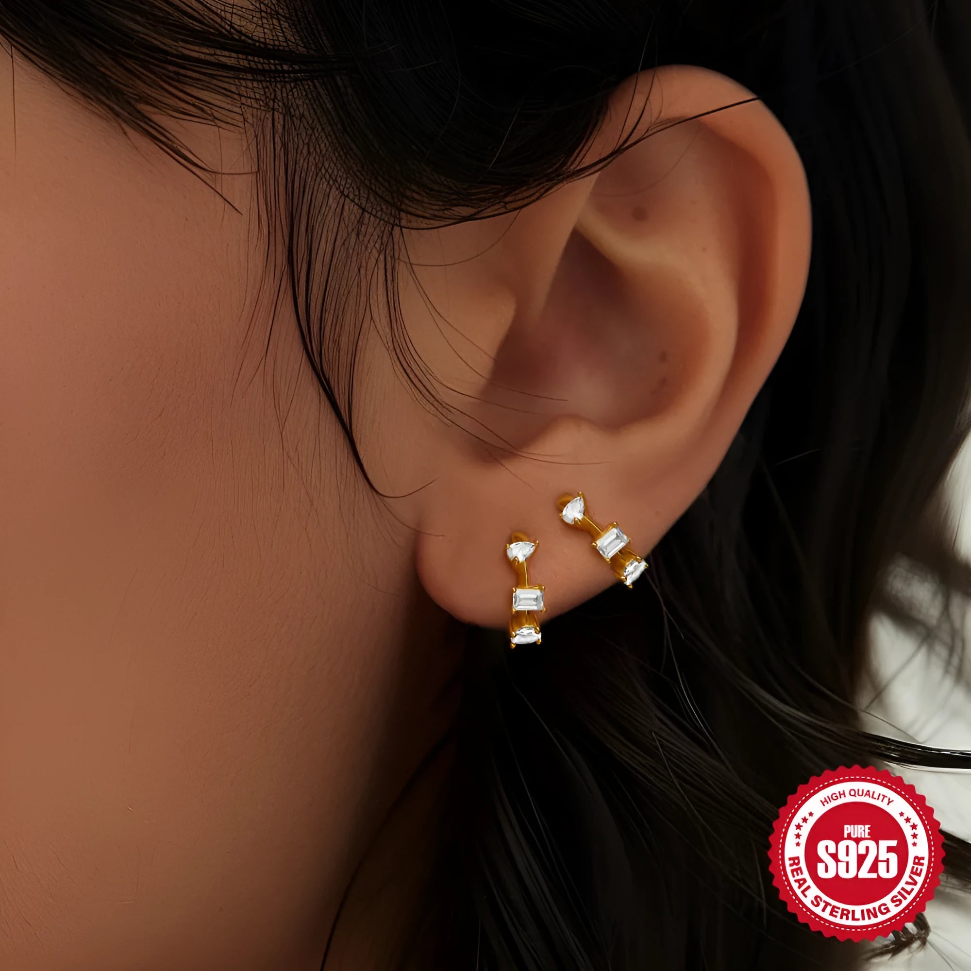 S925 sterling silver geometric stud earrings with diamond accents in gold and silver electroplated finishes